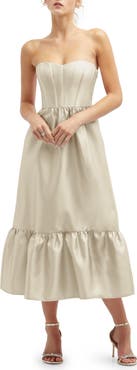 Dessy Collection Corset Ruffle Hem Strapless Satin Midi Dress