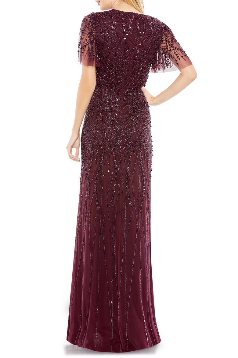 Women’s Embellished Flutter Sleeve Evening Gown, Alternate, color, AUBERGINE