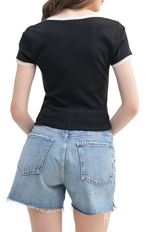 Lush Sweetheart Neck Lace Trim T-shirt In Black