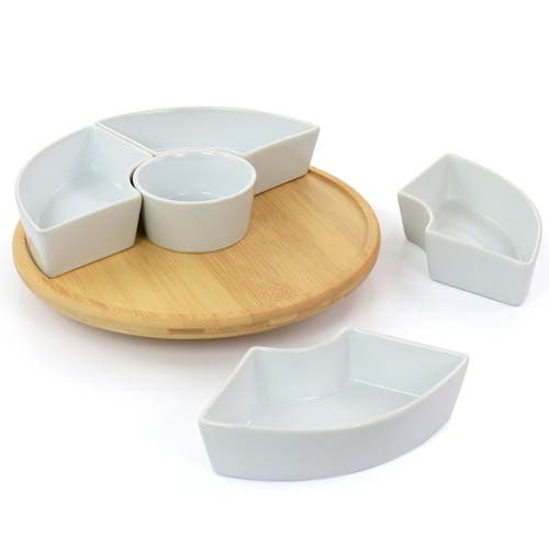 Gibson Elite Gracious Dining 6 Piece Tidbit Dish Set With Rotating Wood Base In White