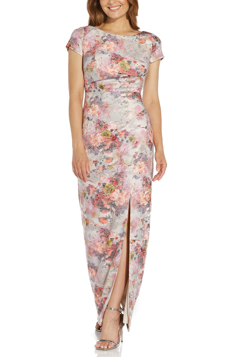 Adrianna Papell Floral Metallic Column Gown, Main, color, 