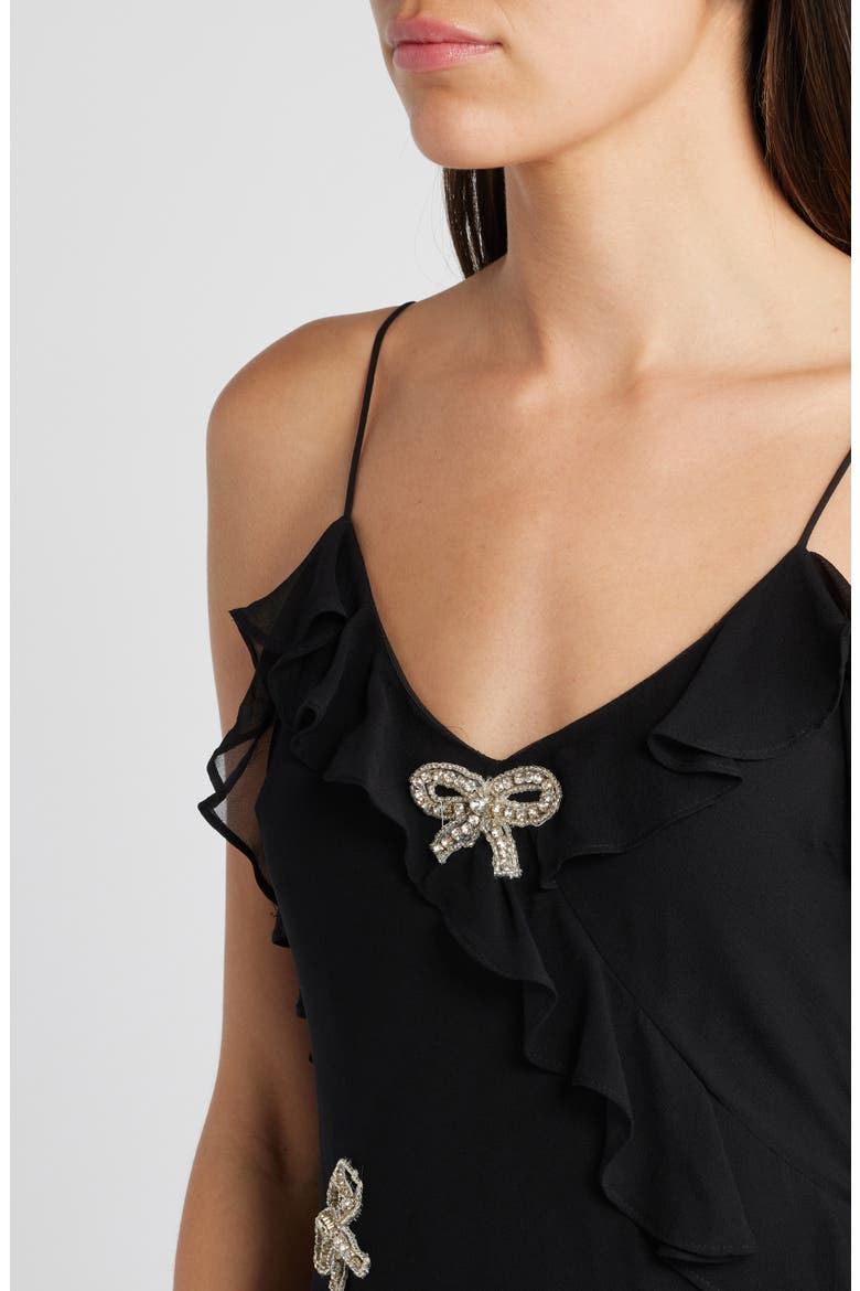 Rialto Bow Embellished Ruffle Silk Dress, Alternate, color, BLACK