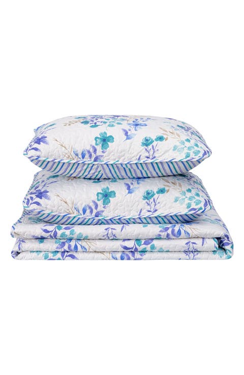 Blue Floral Spring Reversible Microfiber Quilt Set