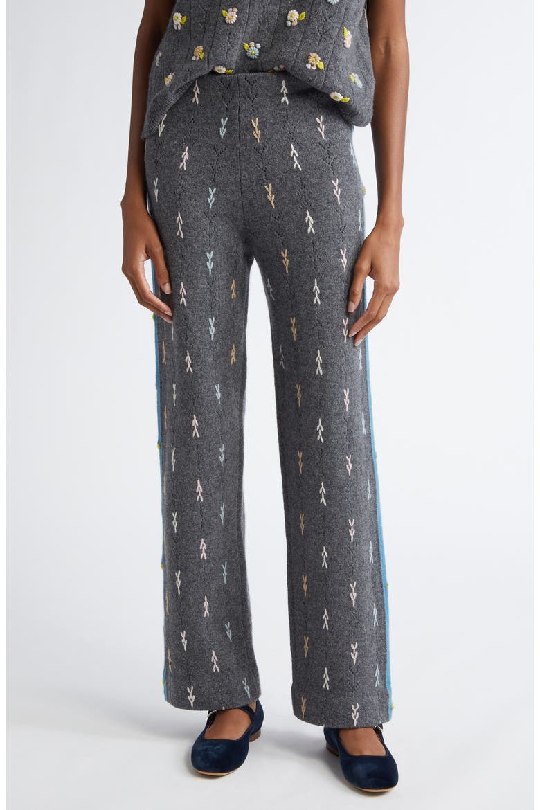 Daisy Embroidered Pointelle Knit Lambswool Track Pants, Main, color, CHARCOAL