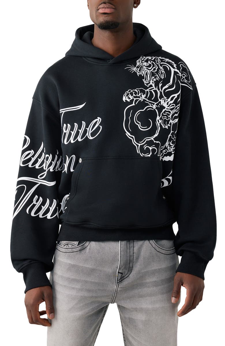 True Religion Tiger Script Boxy Hoodie, Main, color, Jet Black