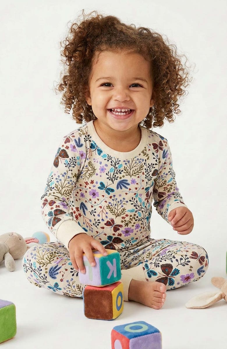 Mightly 100% Organic Cotton Print Long Sleeve Snug Fit Kids Pajamas, Alternate, color, Botanical Floral