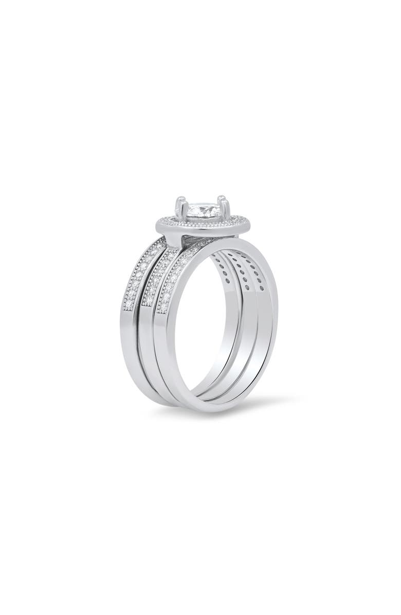 Queen Jewels Set of 3 Sterling Silver Round Cubic Zirconia Halo Ring & Pavé Bands, Alternate, color, Silver