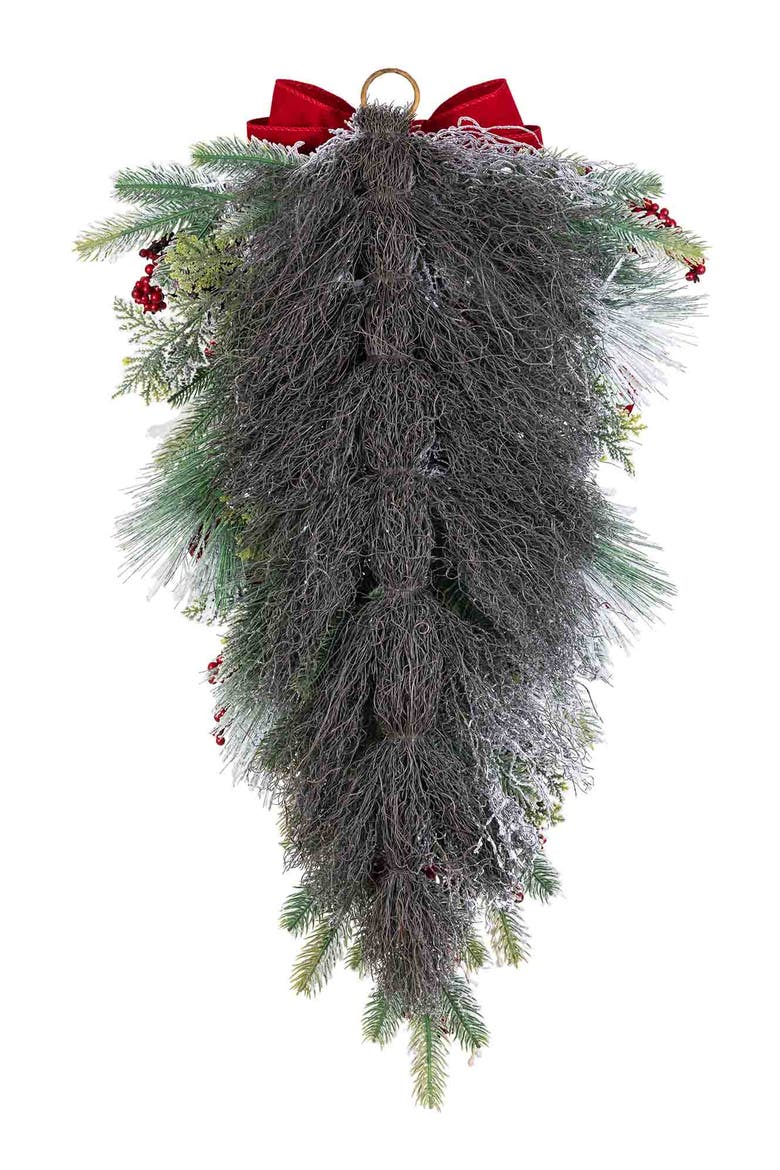 Christmas Flocked Pinecone & Berry Teardrop Wreath, Alternate, color, White