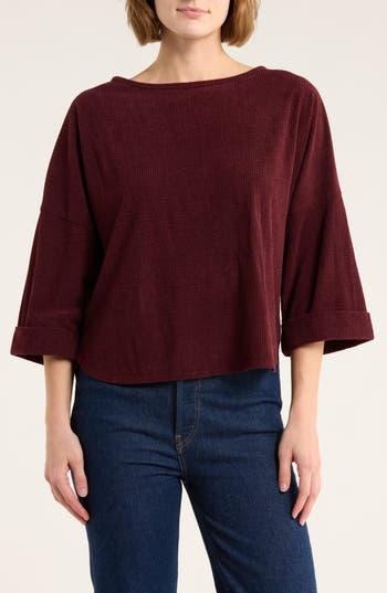 Max Studio Long Sleeve Knit Corduroy Top In Burgundy