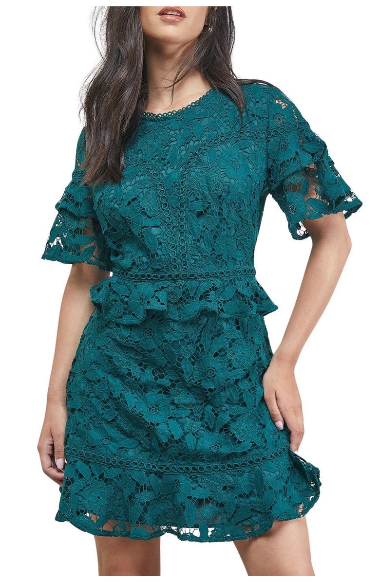 Oasis Lace Trim Detail Frill Sleeve Mini Dress, Alternate, color, Green
