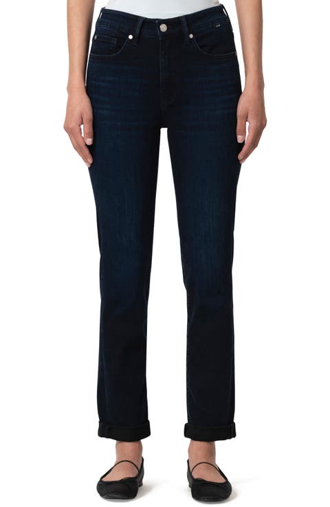 Kathleen High Waist Cuffed Slim Straight Leg Jeans (Midnight Feather Blue)