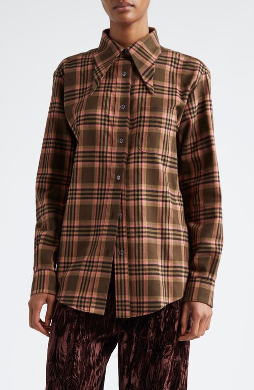 Collina Strada Bat Plaid Organic Cotton Flannel Button-Up Shirt in Pink Brown Plaid 