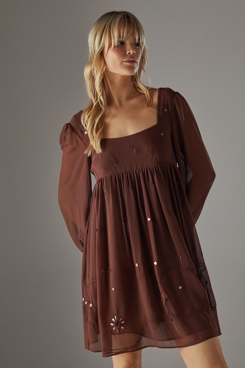 Hand Embellished Square Neck Mini Dress, Alternate, color, Chocolate