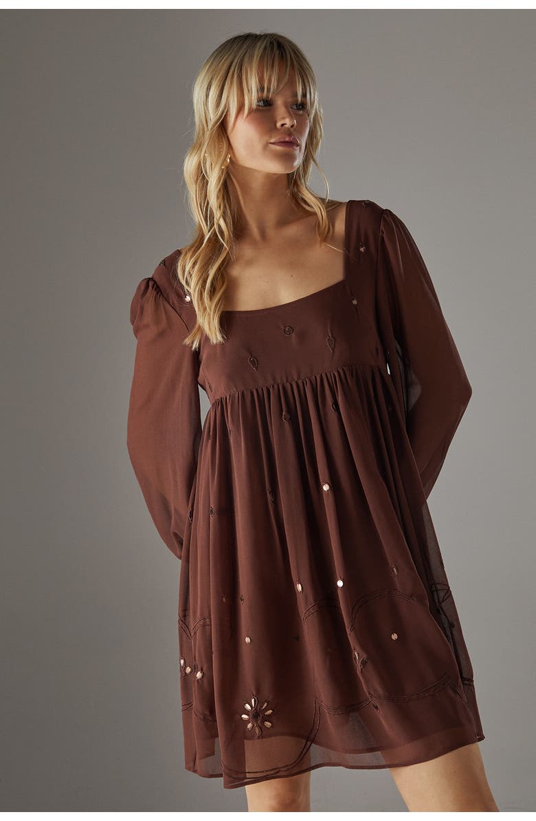 Warehouse Hand Embellished Square Neck Mini Dress, Alternate, color, Chocolate