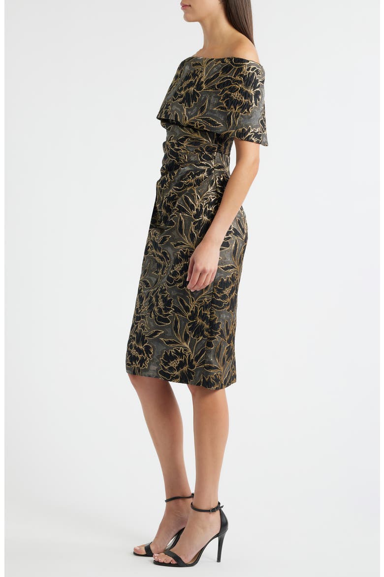 Metallic Floral Jacquard Off the Shoulder Organza Cocktail Dress, Alternate, color, BLACK