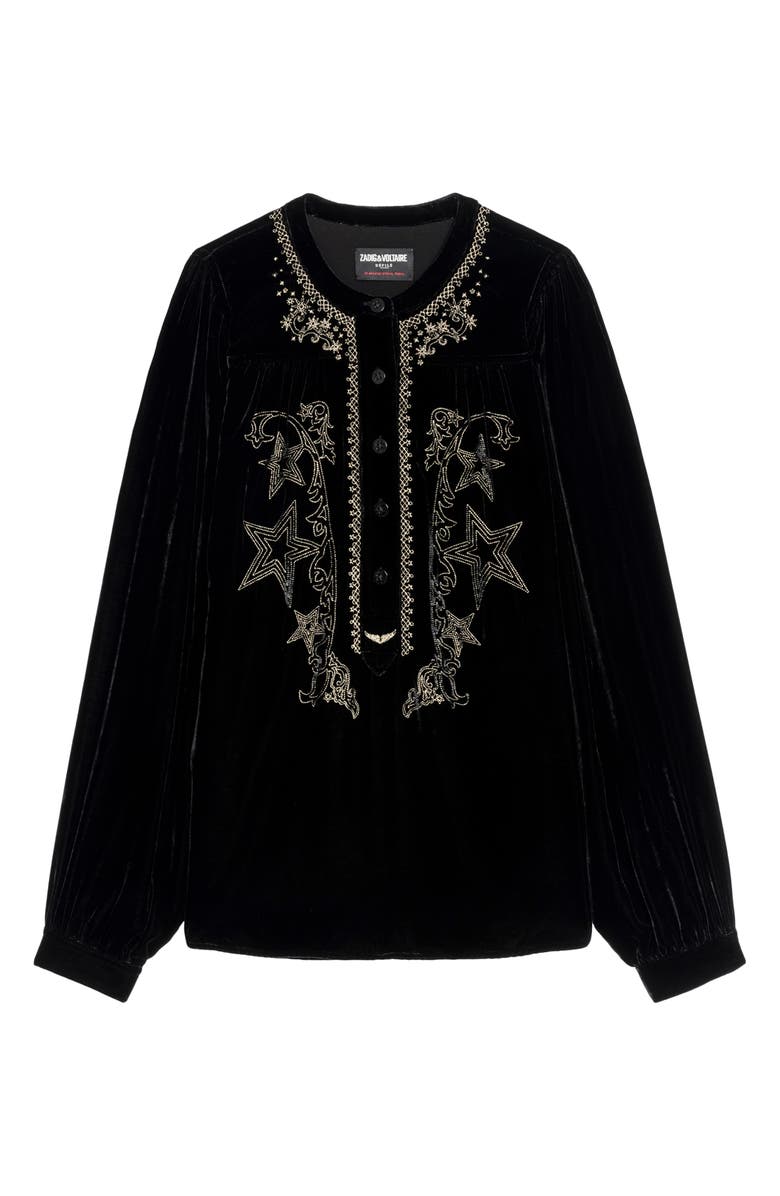 Zadig & Voltaire Tigy Embroidered Velvet Popover Shirt, Alternate, color, Black