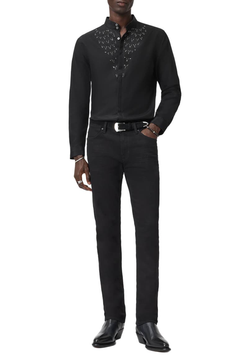 Lex Embellished Band Collar Silk & Wool Button-Up Shirt, Alternate, color, BLACK