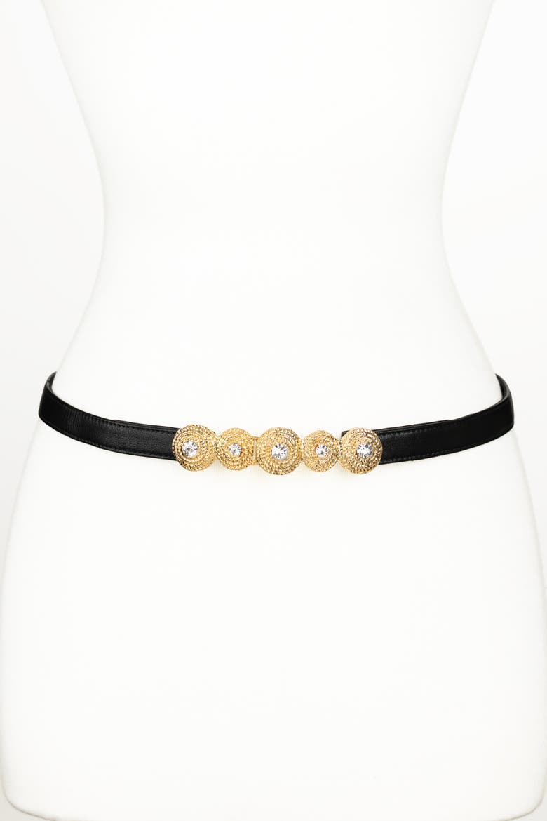 Rhinestones Buckle Leather Belt, Main, color, Black