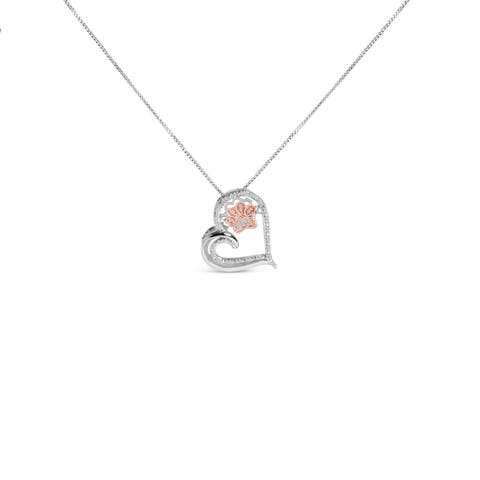 14K Rose Gold Plated Sterling Silver 1/10 Cttw Diamond Paw & Heart Pendant Necklace