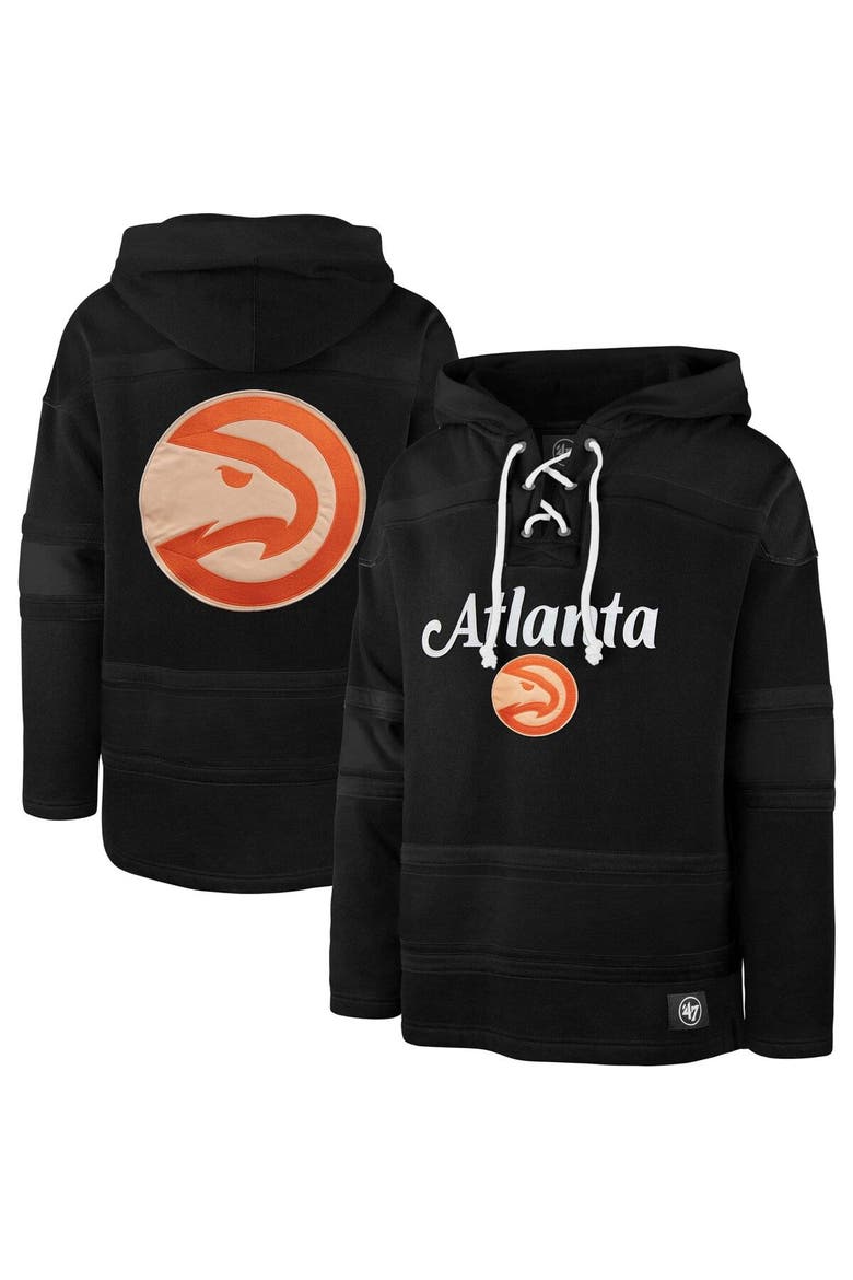 Men's '47 Black Atlanta Hawks 2022/23 Pregame MVP Lacer Pullover Hoodie - City Edition, Main, color, Black