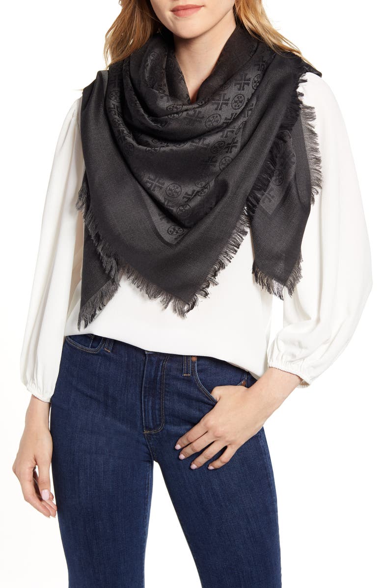 Tory Burch Traveler Logo Jacquard Wool & Silk Scarf, Main, color, 