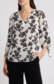 AK ANNE KLEIN Floral V-Neck Blouse with Tie Cuffs
