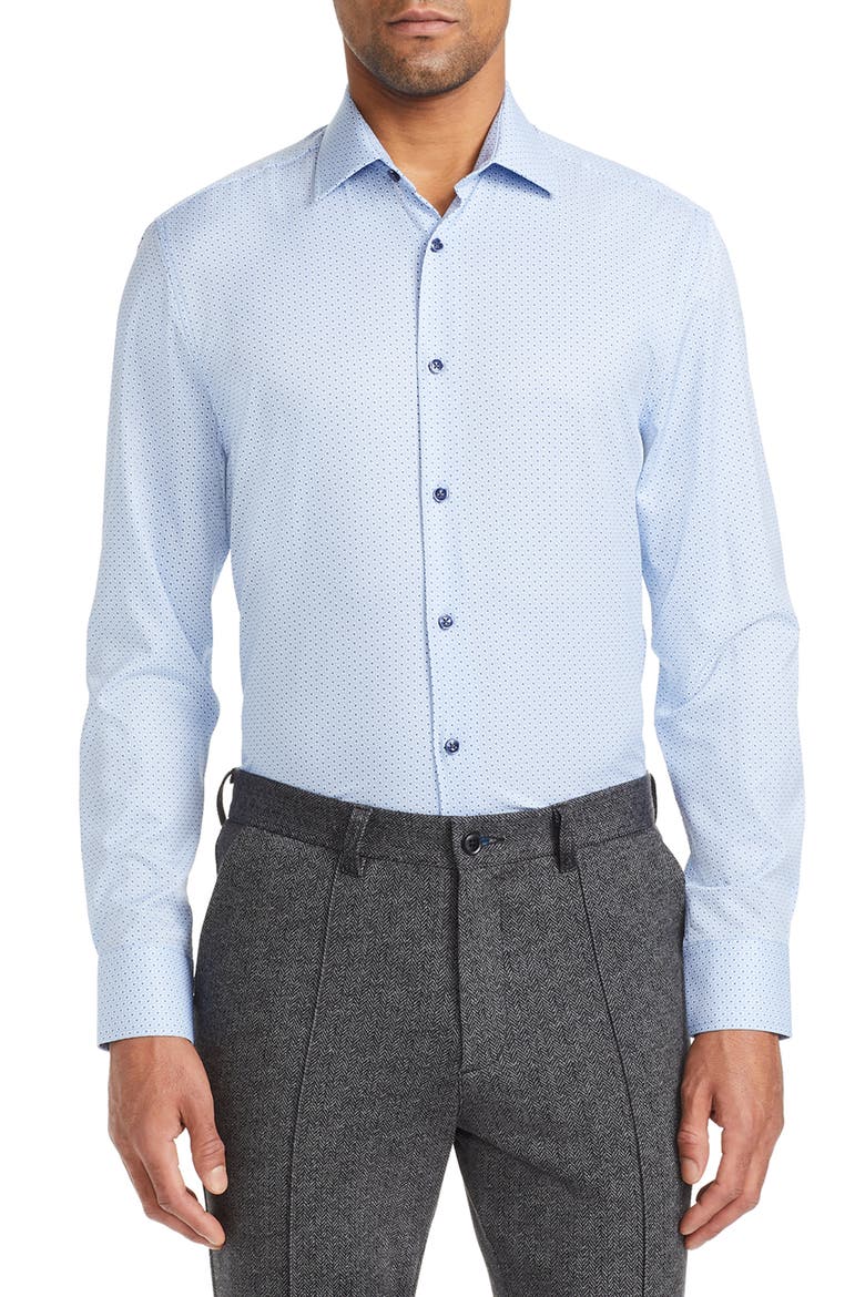 Slim Fit Geo Print Four Way Stretch Cool Temp Dress Shirt, Main, color, BLUE