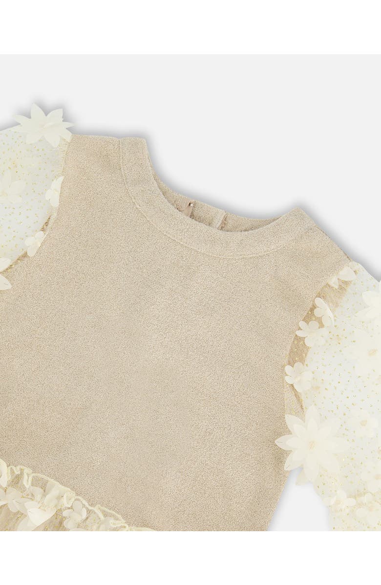 Deux par Deux Girl's Elbow Sleeve Dress With Tulle Skirt Glittering Beige, Alternate, color,