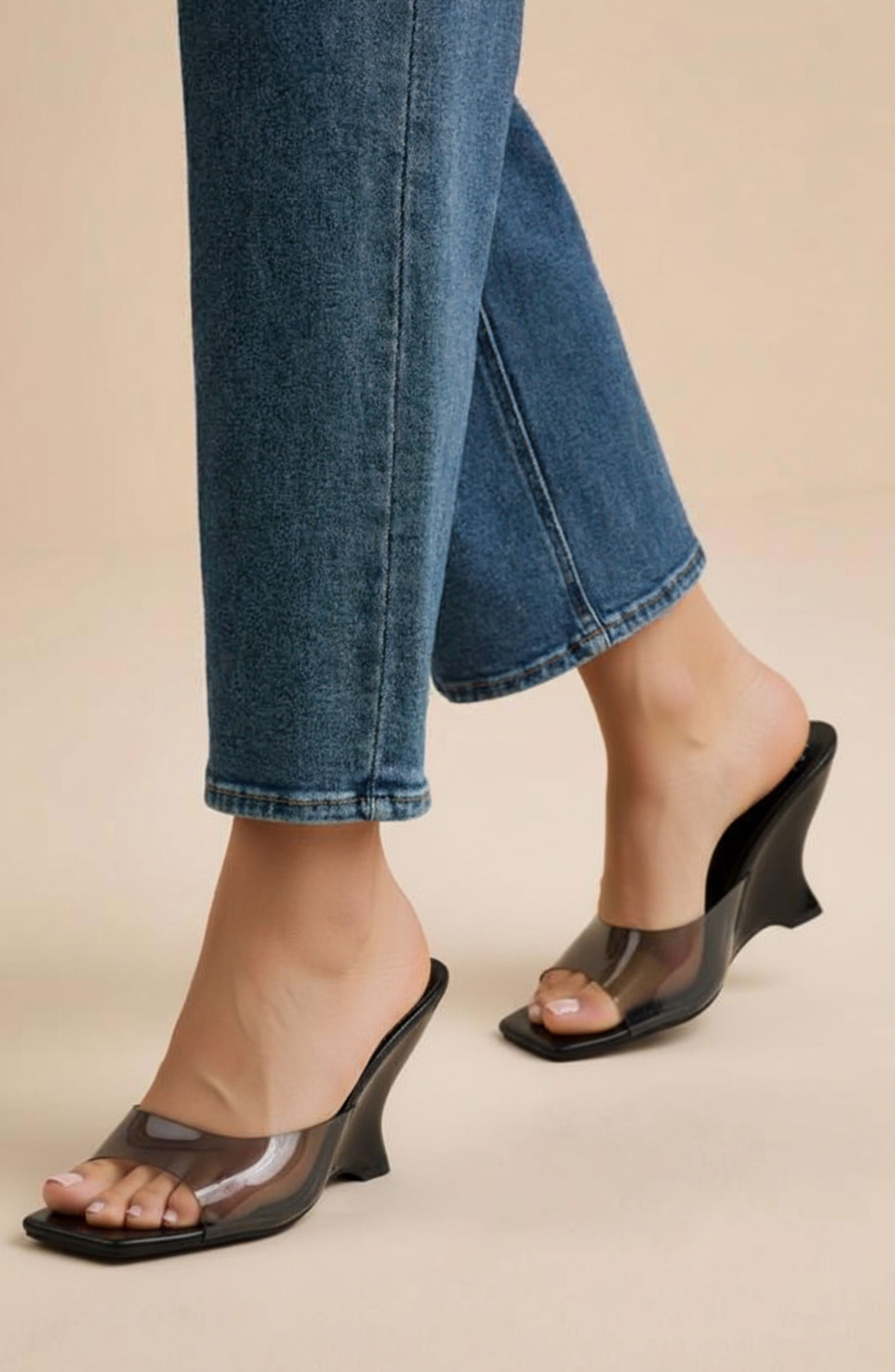 CHASE AND CHLOE Alia Clear Strap Wedge Sandal, Alternate, color, Clear Black