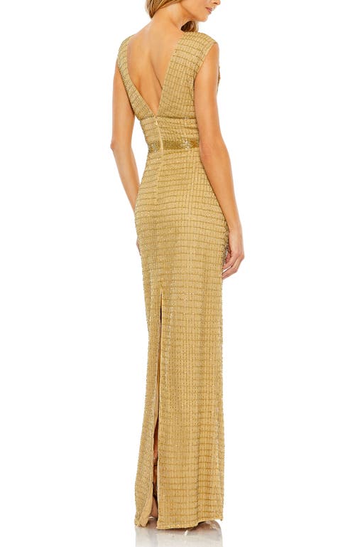 Mac Duggal Beaded Cap Sleeve V Neck Column Gown In Gold
