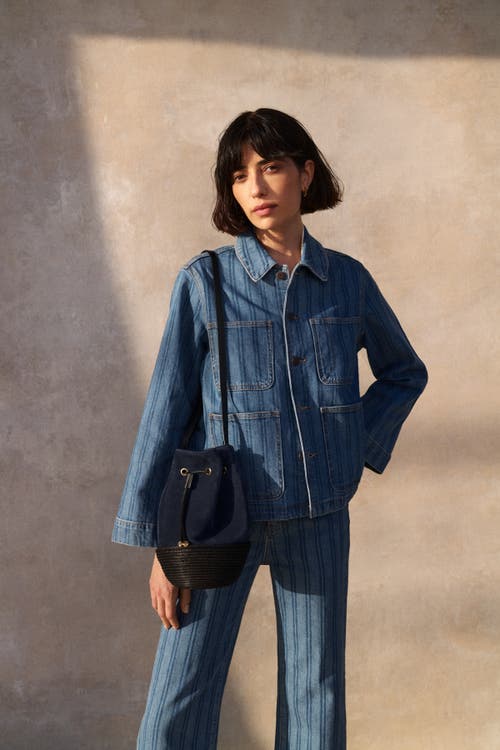 Cesta Collective Suede And Sisal Drawstring Bucket Bag In Navy