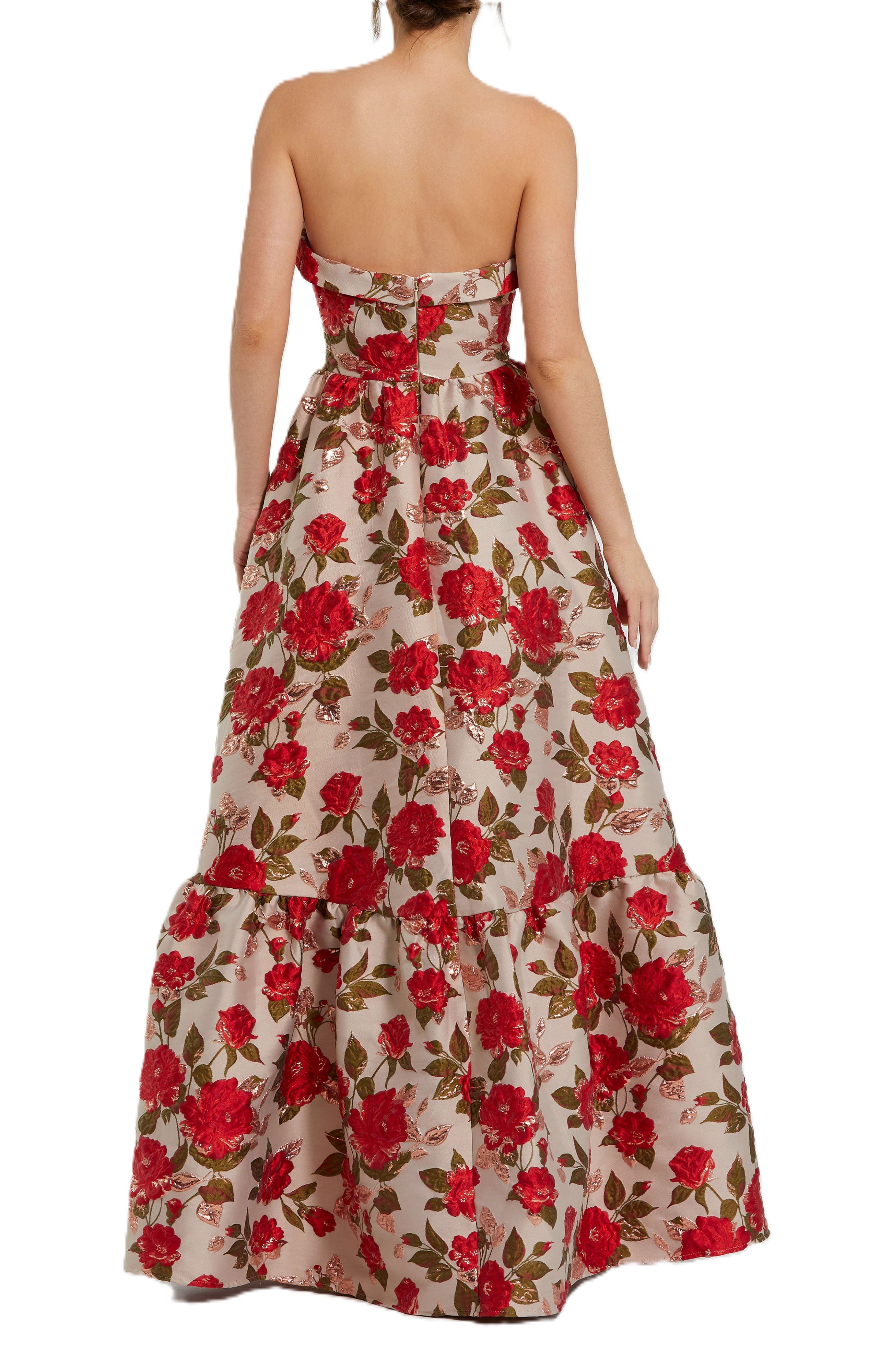 mac duggal strapless brocade floral ruffle-hem a-line maxi dress Multicolor with Ruffles reaching A Multicolor Strapless Floral Brocade Dress