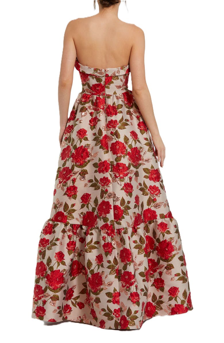 Mac Duggal Brocade Strapless Floral Gown With Ruffle Hem, Alternate, color, White Multi