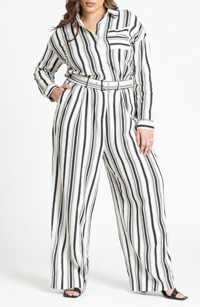 ELOQUII Stripe Long Sleeve Linen Blend Jumpsuit, Main, color, 