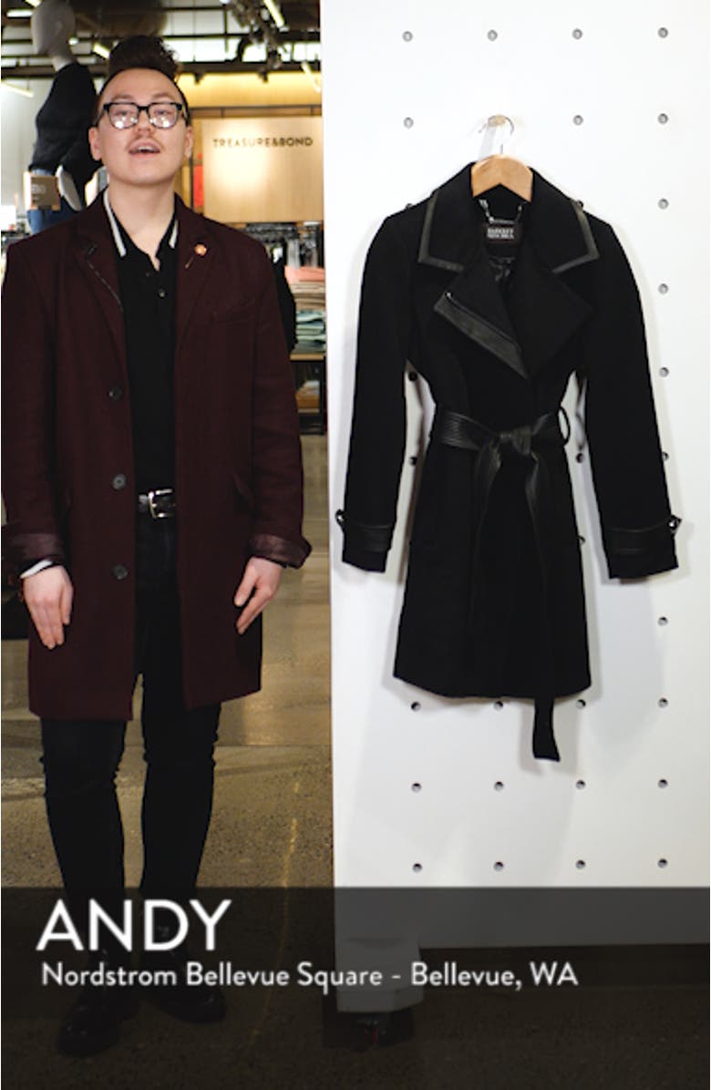 Badgley Mischka Faux Leather Trim Wool Blend Coat, sales video thumbnail