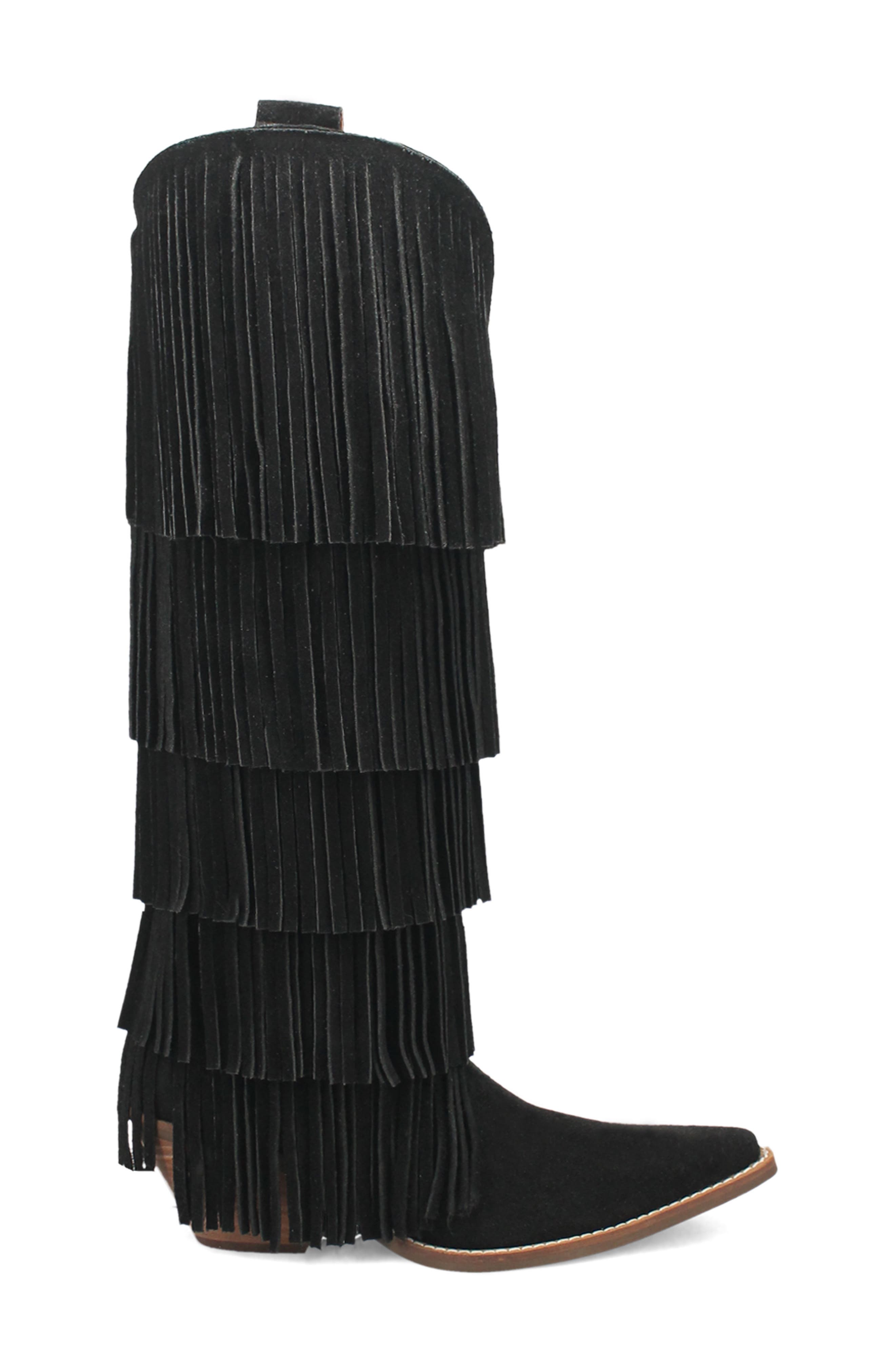 Dingo Wild Child Fringe Knee High Western Boot, Alternate, color, Black