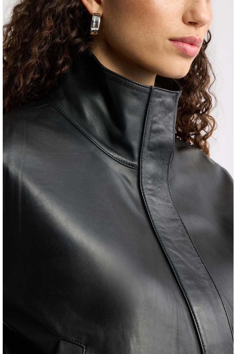 Funnel Neck Leather Bomber Jacket, Alternate, color, BLACK