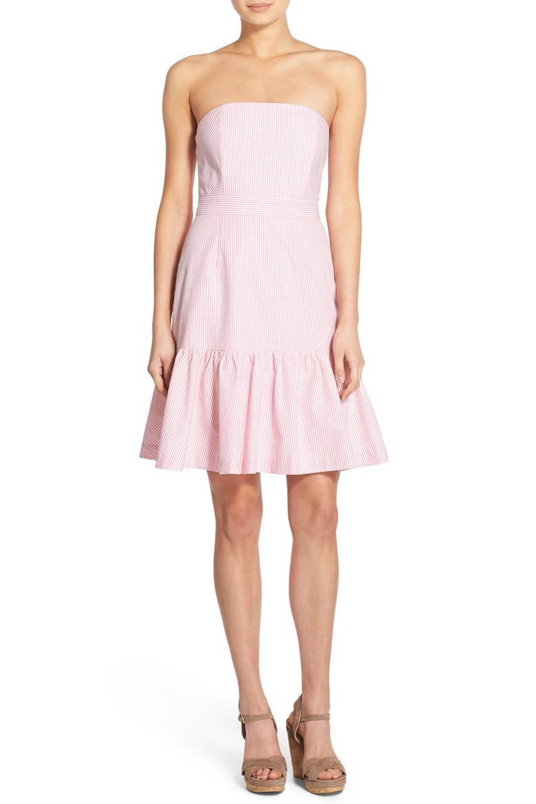 Strapless Seersucker Dress, Main, color, FLAMINGO