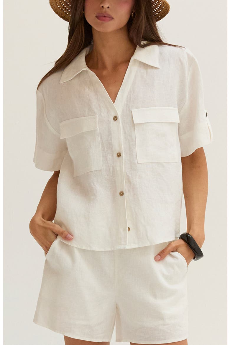 Button Down Short Sleeve Linen Top, Main, color, White