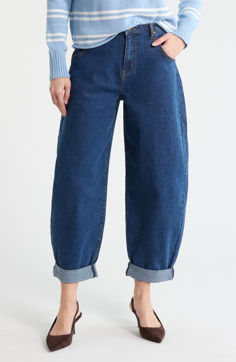 High Waist Cuffed Barrel Leg Jeans