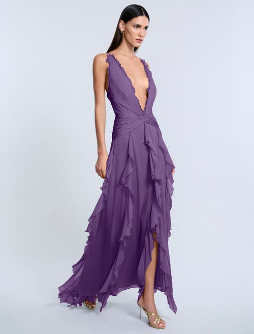 Bcbg Ruffle Halter Chiffon Gown In Purple