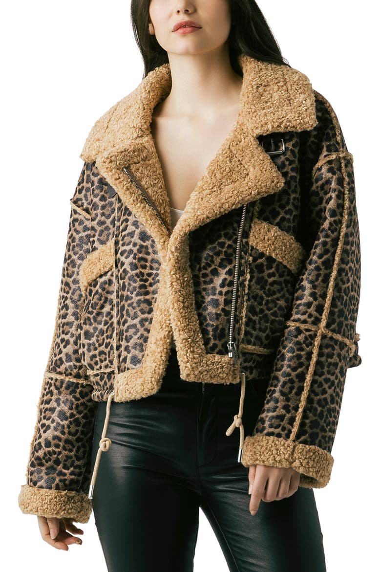 Bonded Leopard Print Faux Shearling Moto Jacket, Alternate, color, IN THE SHADOWS
