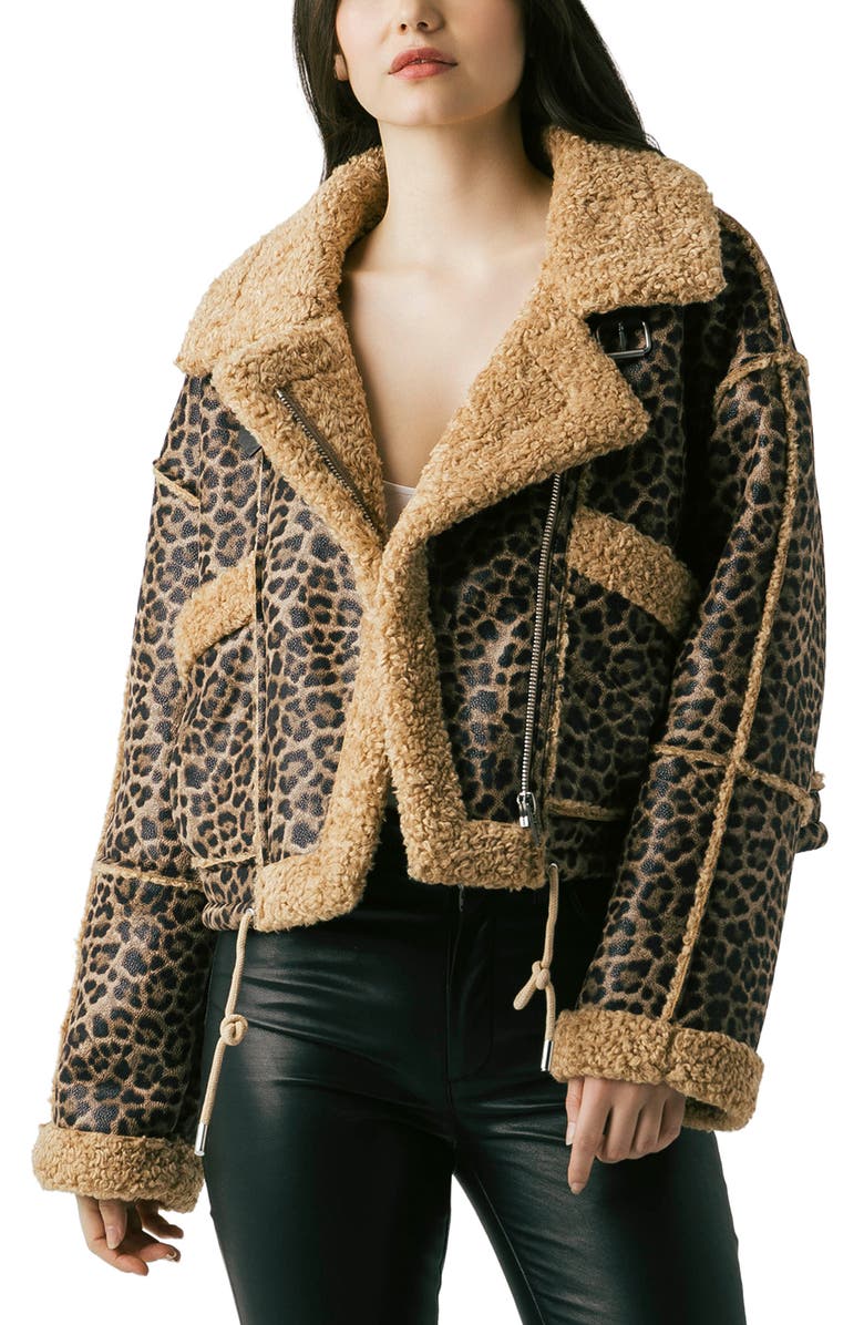 BLANKNYC Bonded Leopard Print Faux Shearling Moto Jacket, Alternate, color, In The Shadows