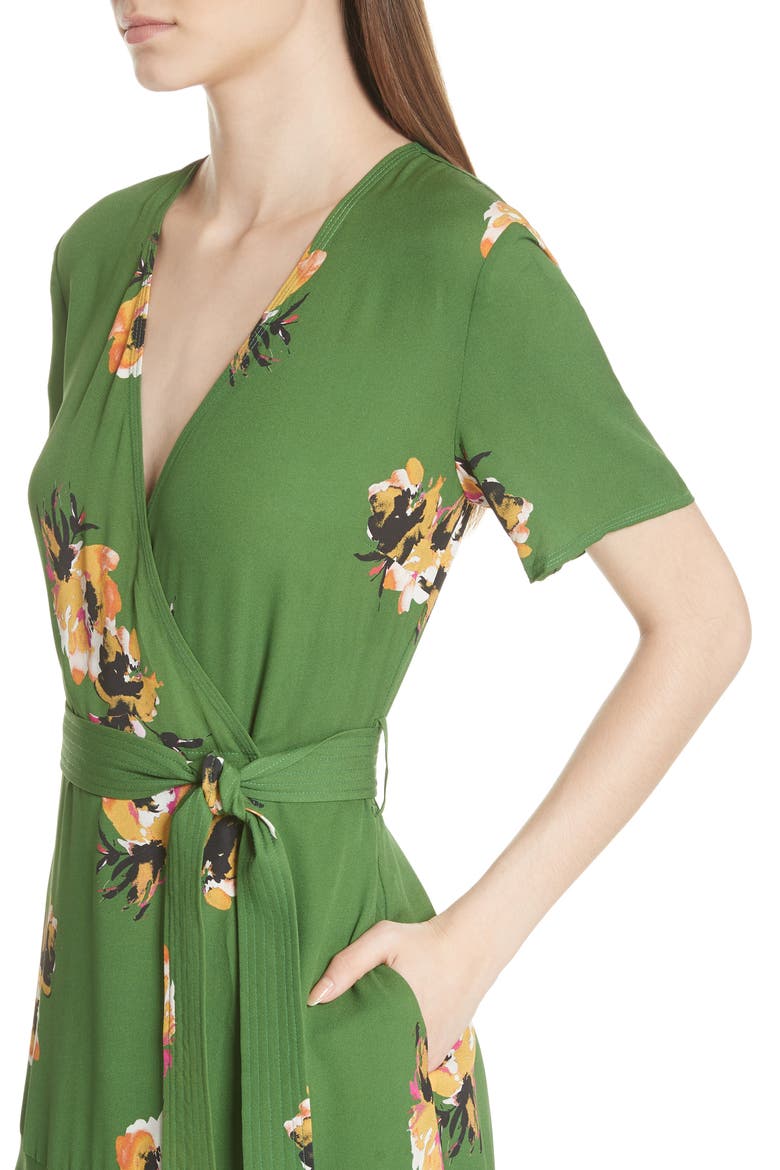 Cora Floral Print Silk Wrap Dress, Alternate, color, CACTUS/ SAFFRON