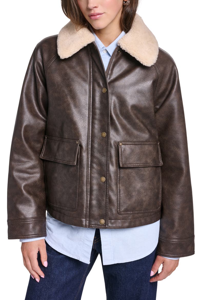 Faux Leather Relaxed Aviator Jacket, Main, color, BROWN