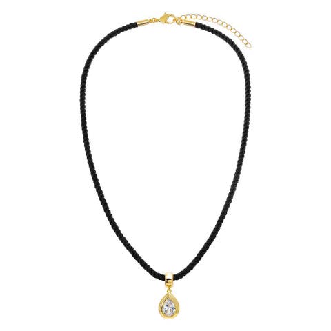 Colored CZ Pear Bezel Pendant & Twisted Cotton Rope Necklace