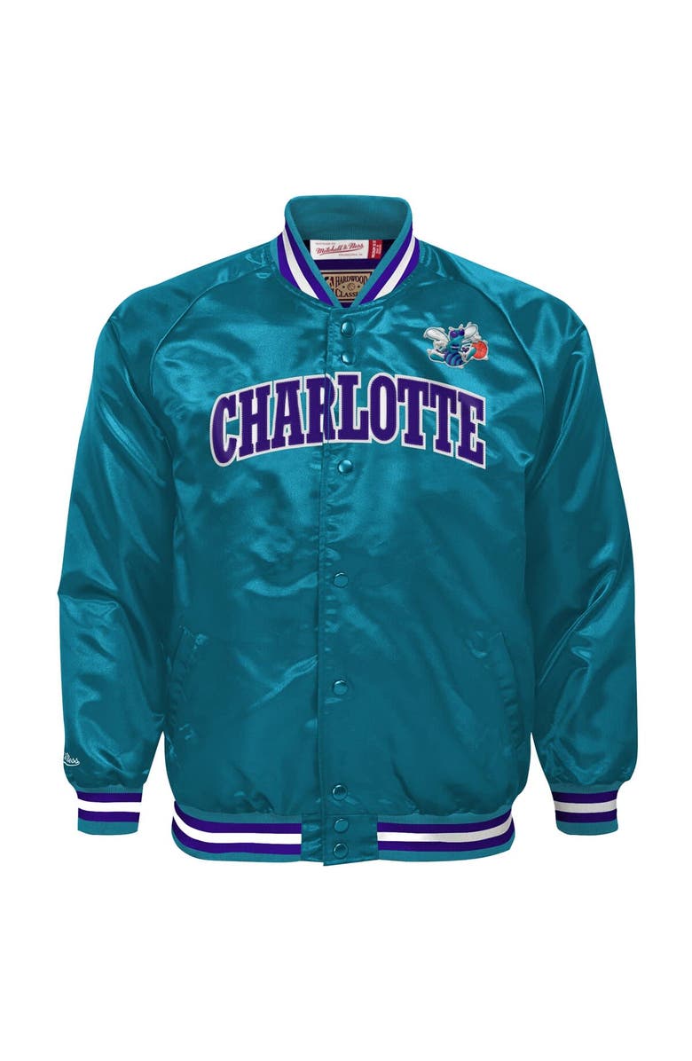 Mitchell & Ness Youth Mitchell & Ness Teal Charlotte Hornets Hardwood Classics Satin Raglan Full-Snap Jacket, Alternate, color, 
