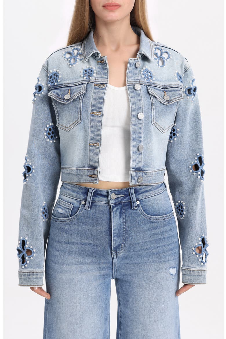 Crop Denim Trucker Jacket, Main, color, CELESTE