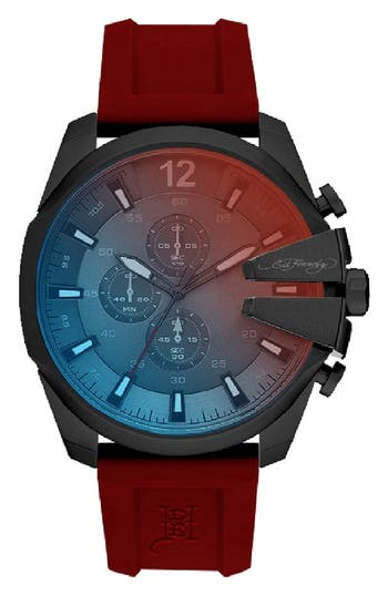 Ed Hardy Ombré Quartz Chronograph Silicone Strap Watch, 44mm In Red