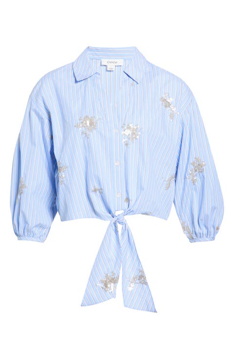 Sequin Balloon Stripe Cotton Shirt